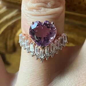 Natural Rose de France Amethyst Sterling Silver Chevron Heart Ring Size 6